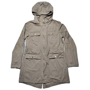 ACTIVE USA Women Small Khaki Full Zip Hooded Cotton Utility Trench Coat